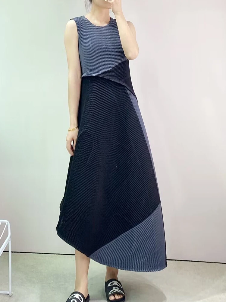 

Miyake Pleated Irregular Sleeveless Dress Women 2023 Summer New Korean Fashion Loose Plus Size Dress