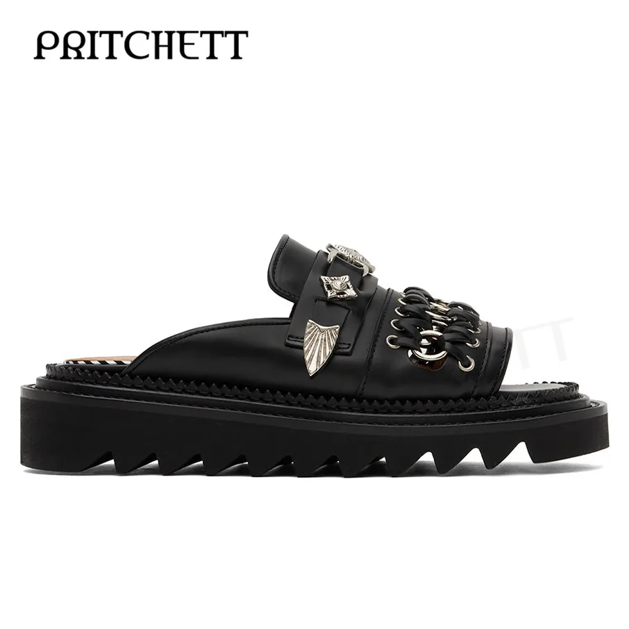 Retro Belt Buckle Open-Toe Slippers Black and White Round Toe Lace-Up Ring Platform Sandals Casual and Comfortable Women's Shoes