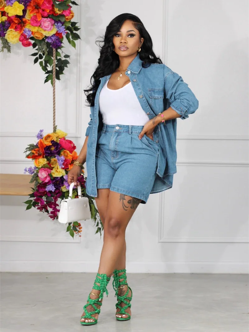 

Fashion Jean Tracksuit Women Two Piece Set Spring Summer Clothing Denim Shirt Top and Shorts Sets INS 2 Piece Sets Women Outfits