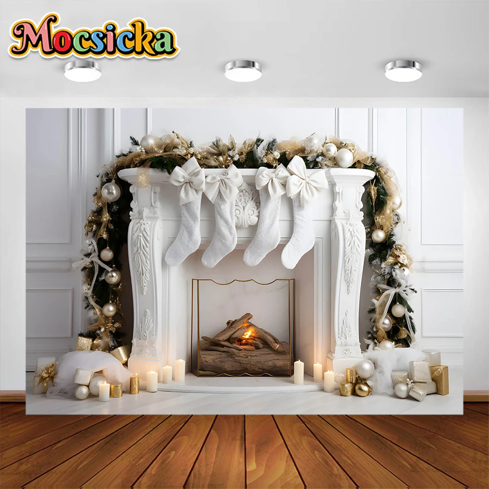 

Mocsicka Christmas Backdrop Retro Fireplace Wall Candle Socks Decor Photobooth Background Kid Family Interior Photo Studio Props