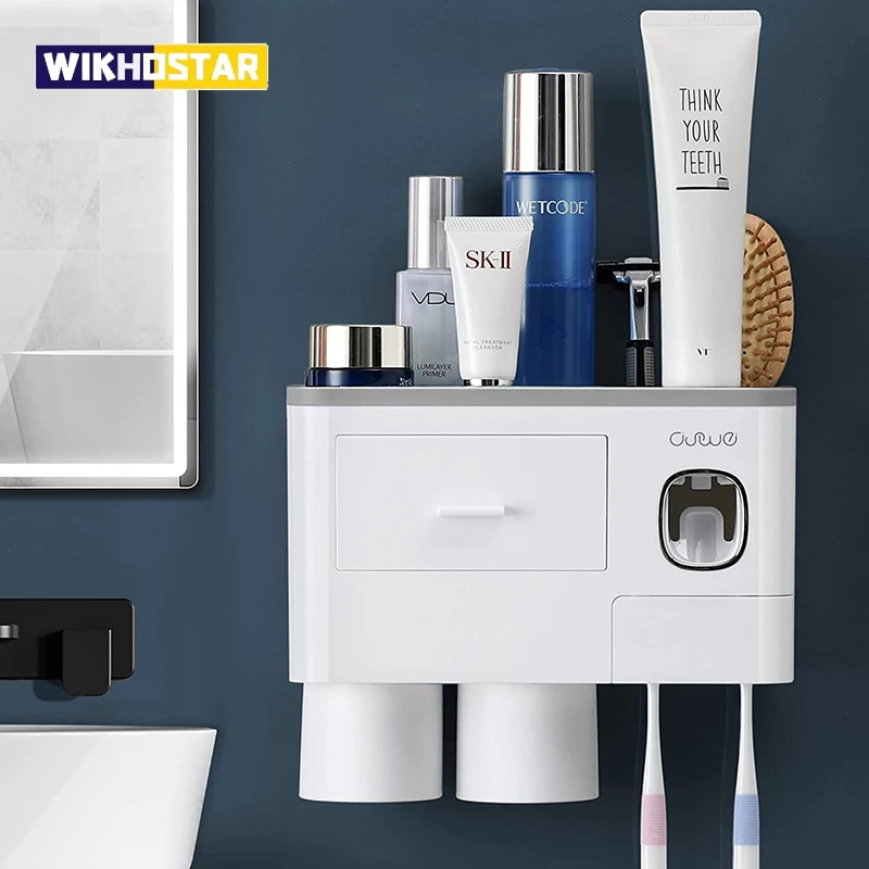 Toothpaste Dispenser Bathroom Accessories Set WIKHOSTAR Multifunction Toothpaste Dispenser Magnetic Adsorption Inverted Toothbrush Holder Storage Rack Bathroom Accessories