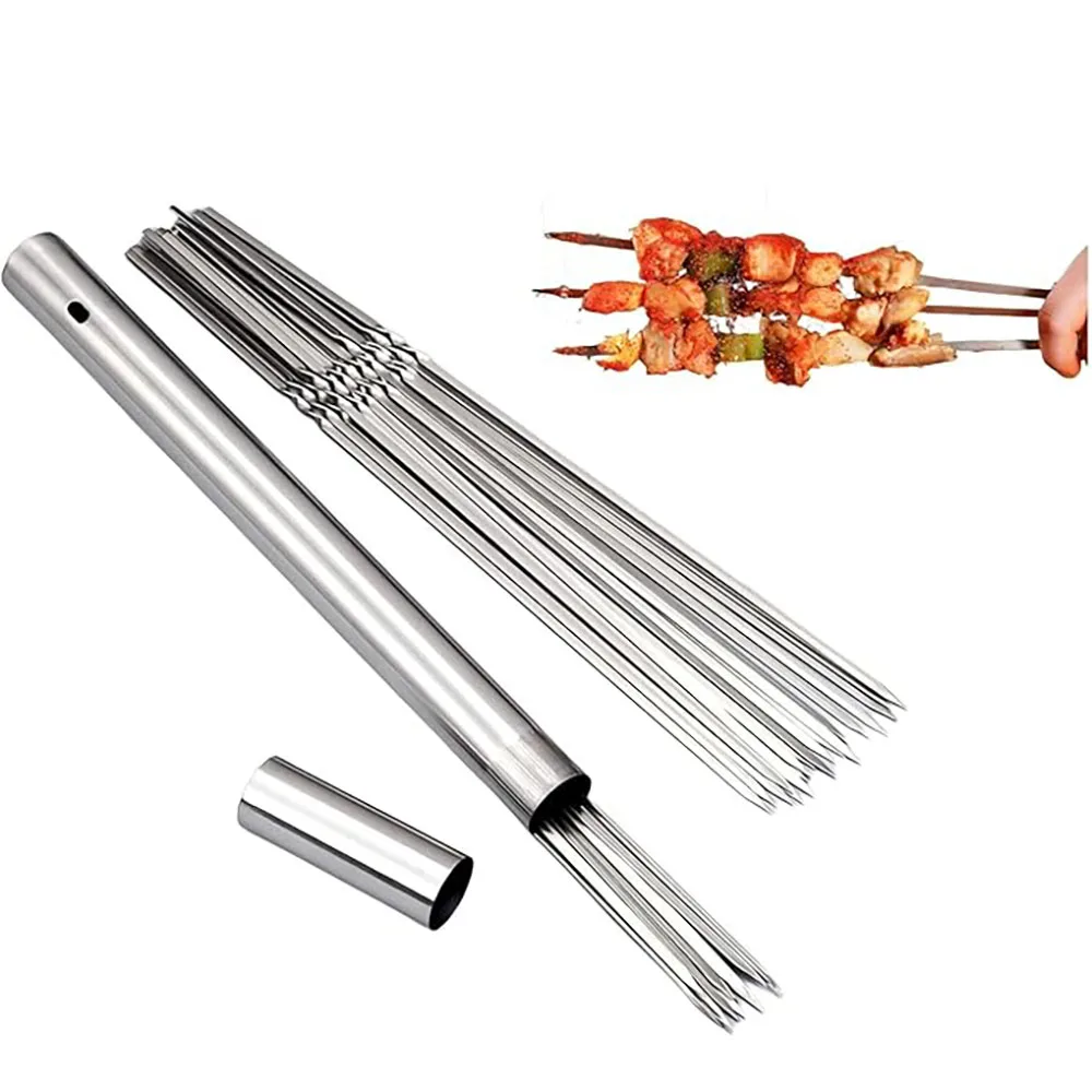 40PCS 304 Stainless Steel 13.5"Long Flat Barbecue Skewers,BBQ Kebob Skewers with Metal Storage Tube,Reusable For Grilling