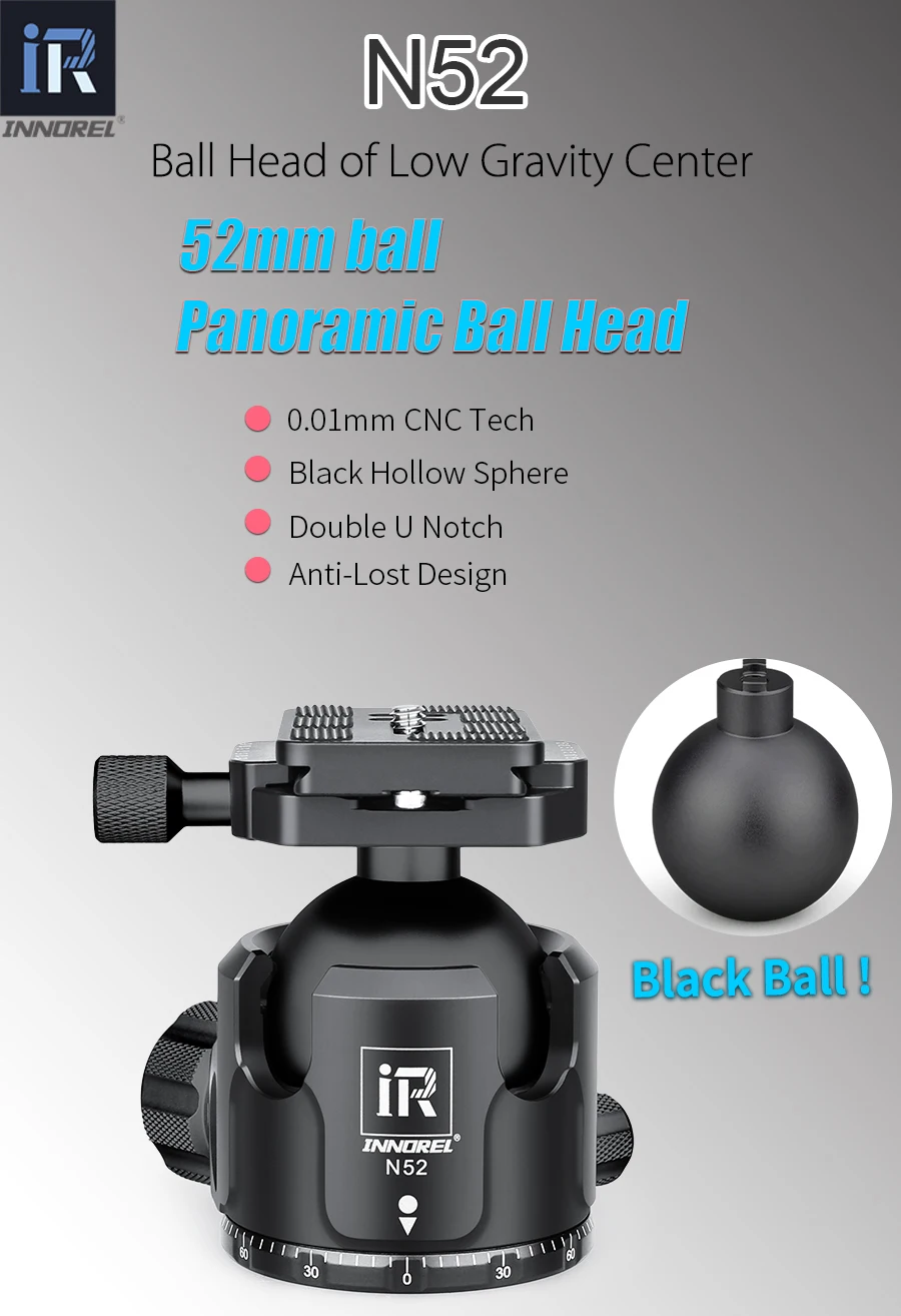 N52 Black Panoramic Low Profile Tripod Ball Head, Double U Notch Ultra-low Spher