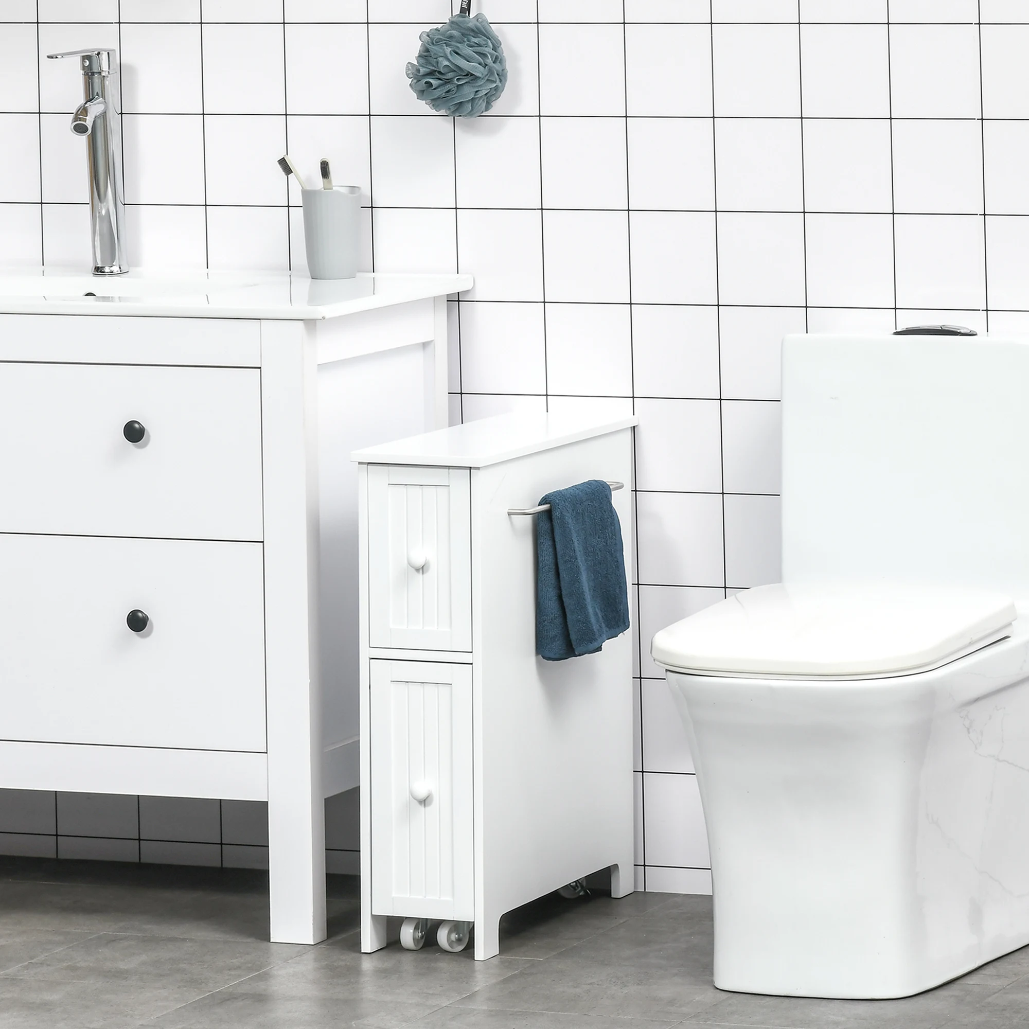Kleankin Narrow Bathroom Cabinet on Wheels, Freestanding Toilet Paper Holder with 2 Drawers, Towel Rack, White 2