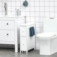 Kleankin Narrow Bathroom Cabinet on Wheels, Freestanding Toilet Paper Holder with 2 Drawers, Towel Rack, White 2