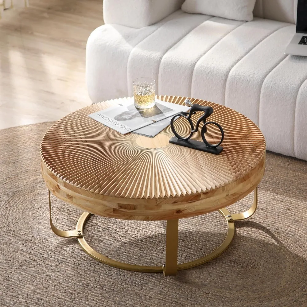 31.5 "Modern Circular Coffee Table with Handmade Wooden Radial Pattern, Cedar Tabletop, Gold Cross Legged Base 2