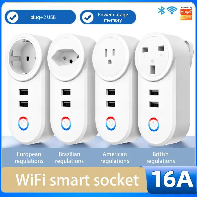 

New 16A Tuya Wifi Smart Socket With 2 USB Charging Outlet Adapter EU US UK Brazil Plug Smart Life Control Via Alexa Google Home