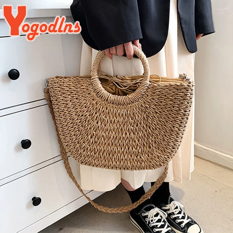 Summer Woven Straw Bag Women Rattan Handmade Handbag New Trendy Shoulder Bag Travel Beach Bags Kintted Handle Bag Totes