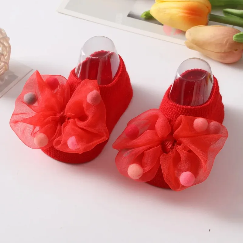 Baby Girl Home Short Socks Lace Bow Infant Anti Slip Trampoline Socks Newborn Princess Ankle Children Floor Shoes