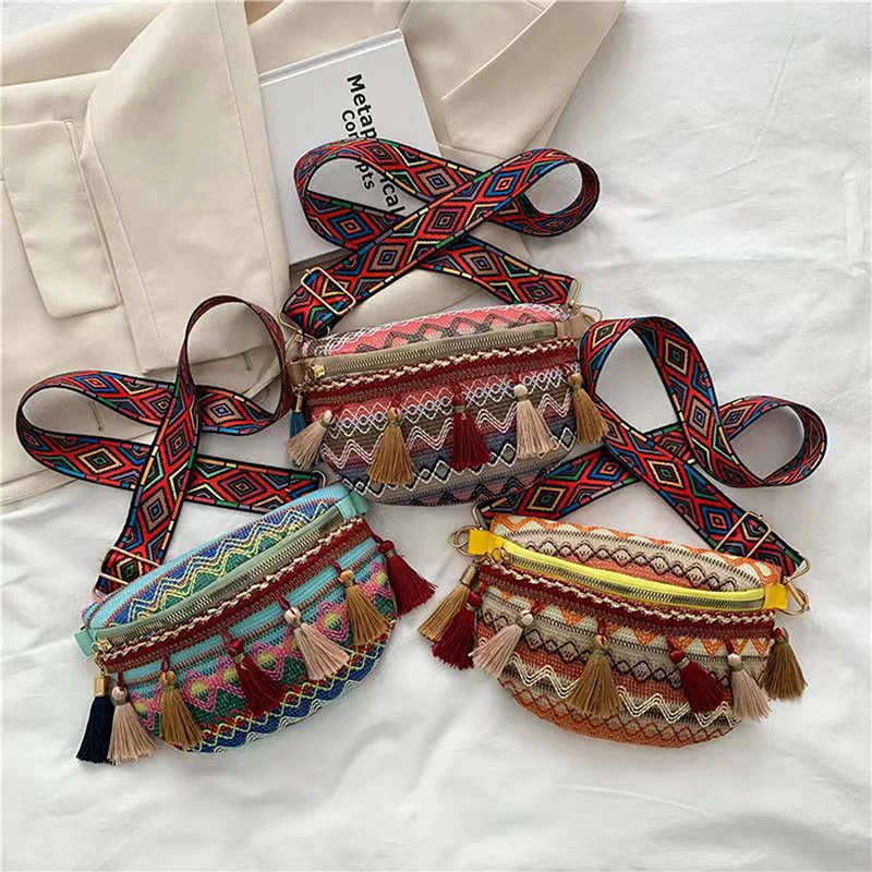 

Women Folk Style Waist Bags with Adjustable Strap Variegated Color Fanny Pack with Fringe Decor Crossbody Chest Bags