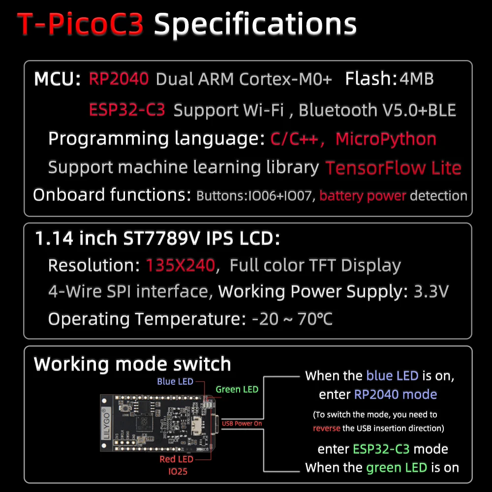 LILYGO® T-Display T-PicoC3 ESP32 ESP32-C3 RP2040 Raspberry Pi Module 1.14 inch LCD IPS HD Screen Development Board With Shell