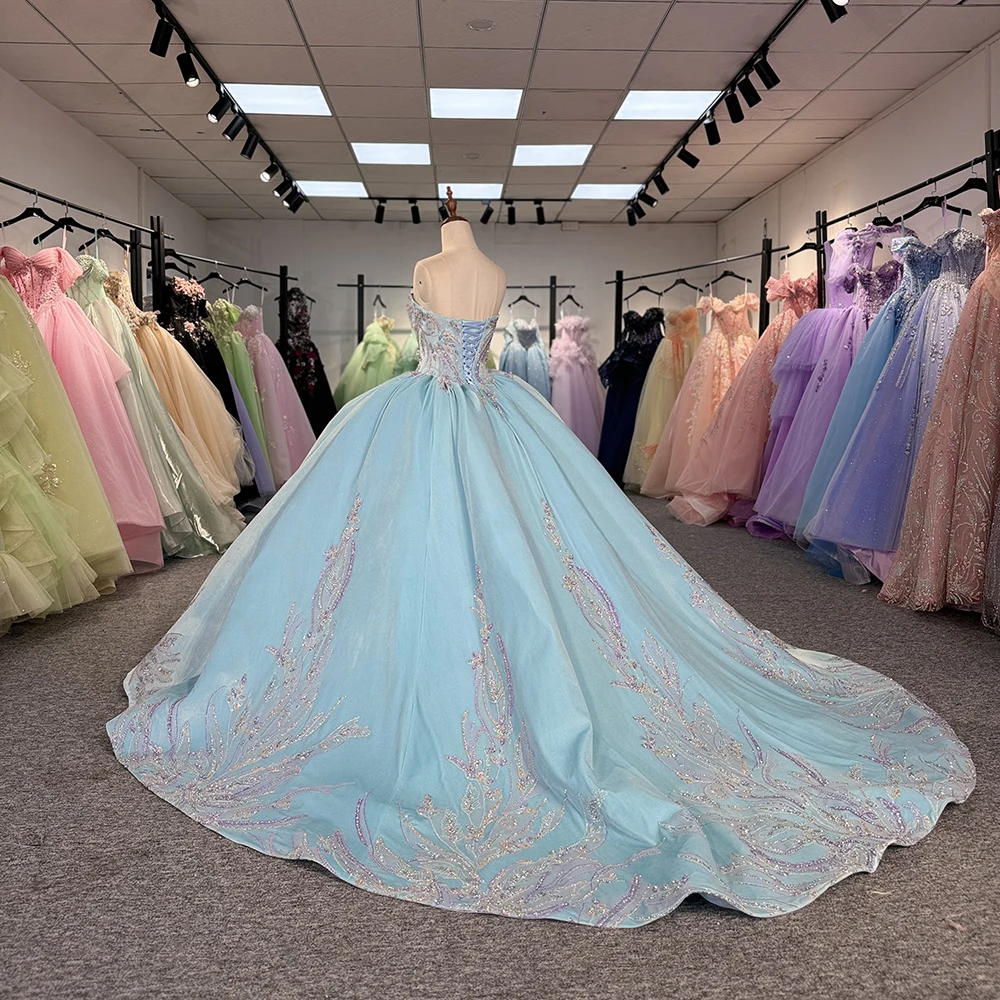 Wunderschöne ärmellose Quinceanera-Kleider mit Perlenstickerei, Hofschleppe, maßgeschneidert, trägerlos, Abendkleider für 15 Quinceañera DY6831 – Detail 6