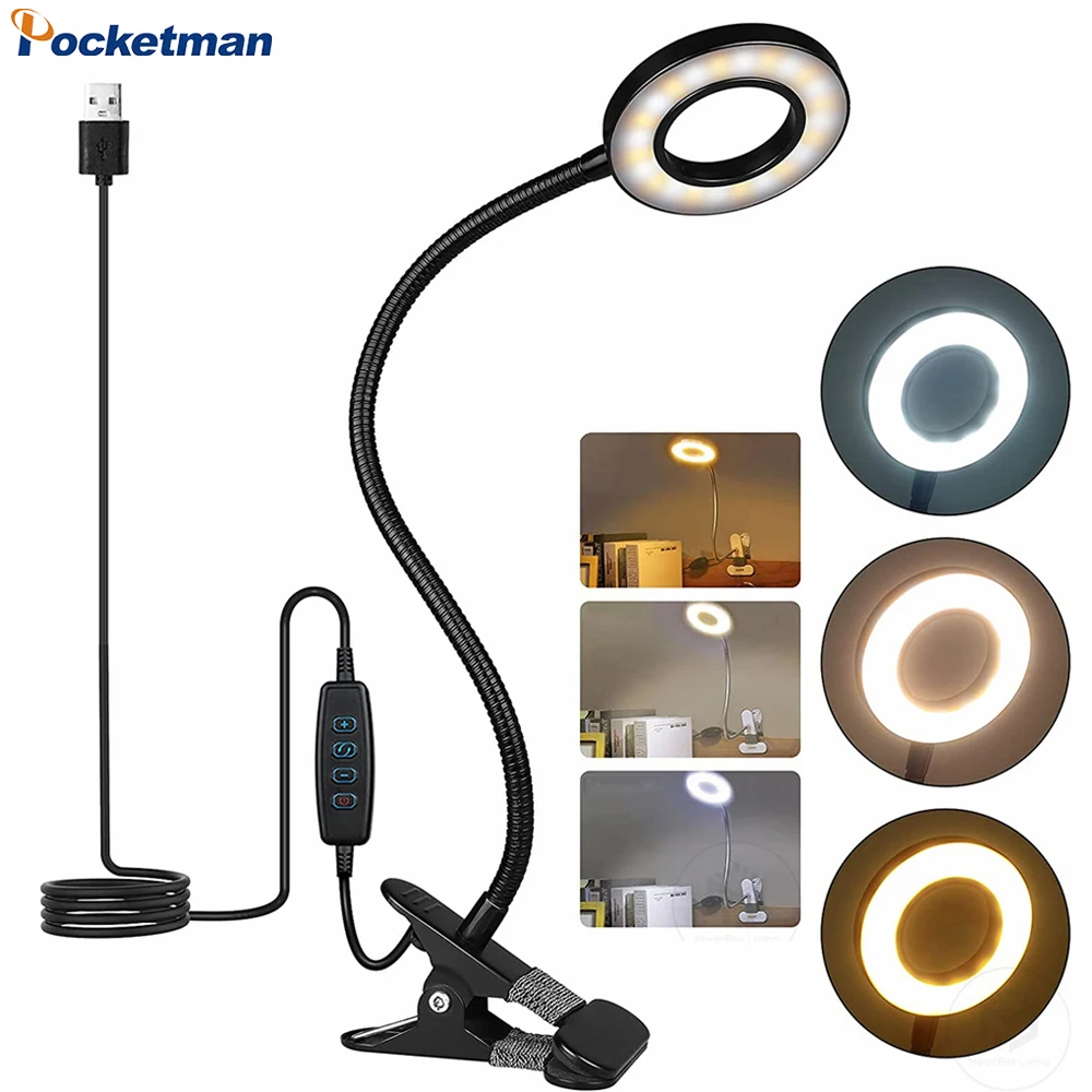 

LED Clip Desk Lamp 3 Colors Reading Light 10 Brightness Dimmable 360° Adjustable Tube Bedside Night Light Photo Live Fill Light