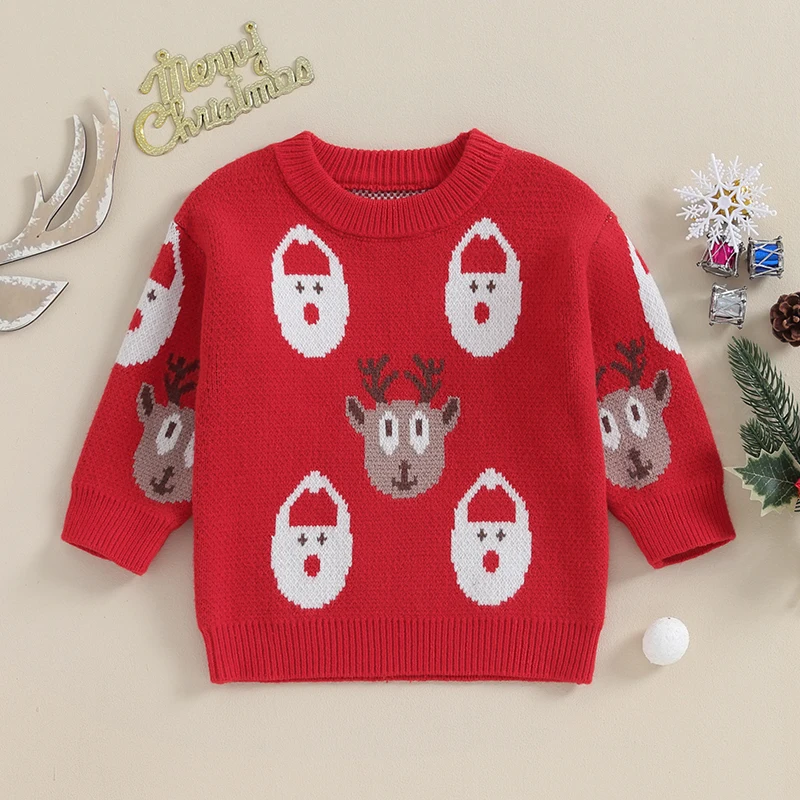 

Kids Girls Boys Sweater Christmas Clothes Deer Snowman Pattern Crew Neck Long Sleeve Toddler Pullovers Fall Jumpers Tops