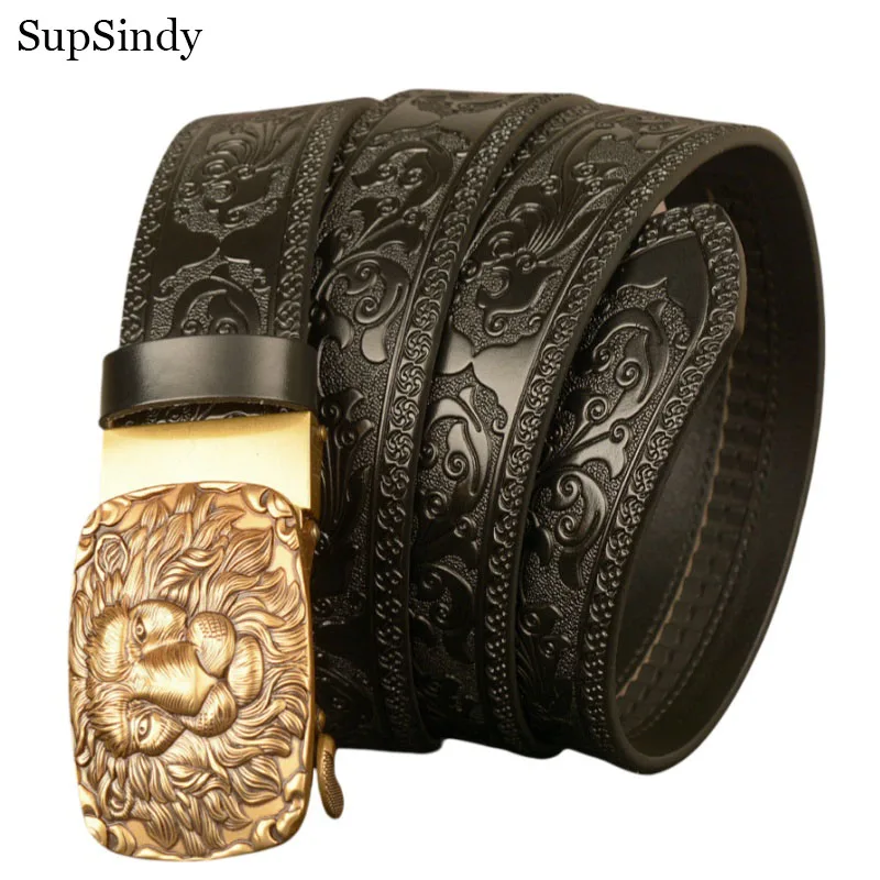 SupSindy Männer Echtes Leder Gürtel Luxus Gold Löwe Metall Automatische Schnalle Rindsleder Gürtel für Männer Jeans Bund Männlich Strap Schwarz