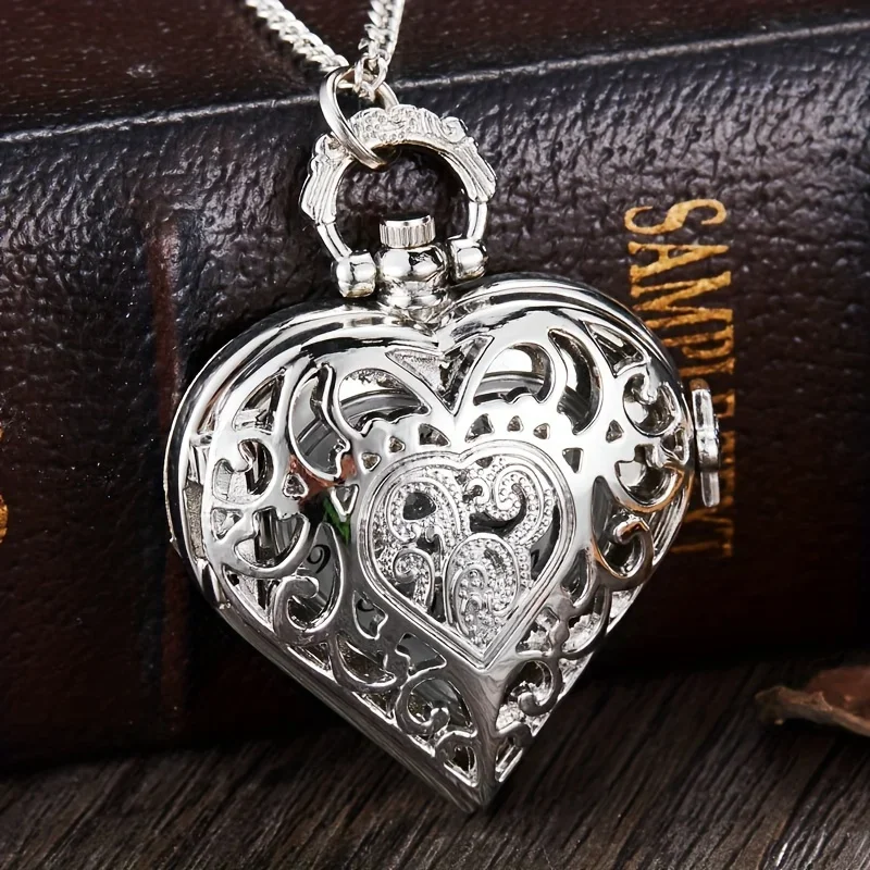 Retro Heart Pointer Quartz Pocket Watch - Hollow Out Analog Necklace Chain Pendant Watch - Perfect Valentines Gift for Her  Him