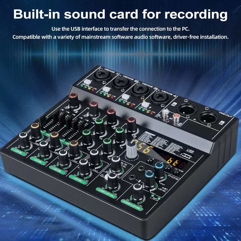 6 Channels Sound Mixing Console Depusheng M6 Bluetooth USB Record Computer 48V Phantom Power Delay Repaeat Effect Audio Mixer
