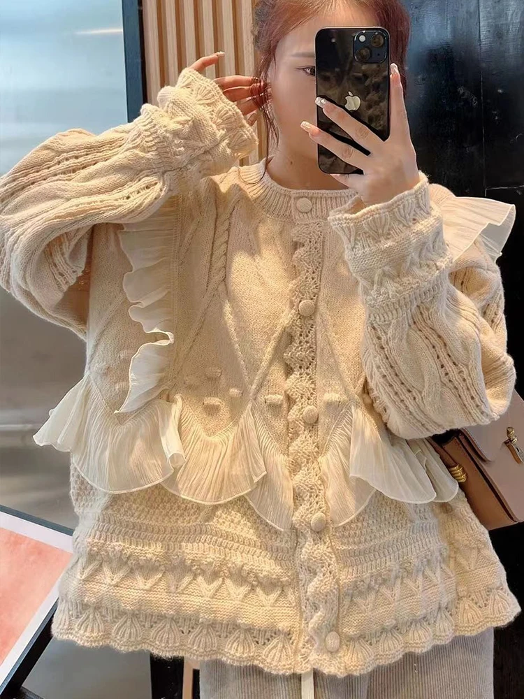 

Autumn Winter Cardigan Women Sweet Lace Knitted Sweater Female Korean Fashion Ruffle Knitwear Coat Lady Casual Loose Cardigans