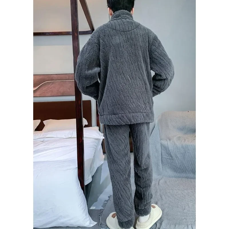 2024 New Men Pajamas Coral Velvet Thick Loungewear Warm Cartoon Student Sleepwear Zipper Flannel Homwear Autumn Nightwear