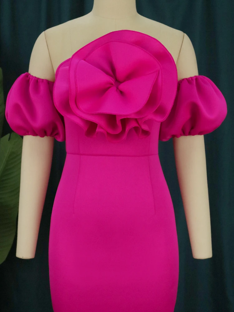 Cold Shoulder Party Dresses Plus Size 4XL Women Fuchsia Puff Sleeve Flower Stylish High Waist Cocktail Even Dress Outfit Summer