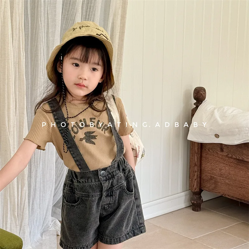 Children Clothing Kids Denim Shorts Summer Korean Style Summer Suspenders Denim Shorts Boys and Girls Casual Simple Kids Pants