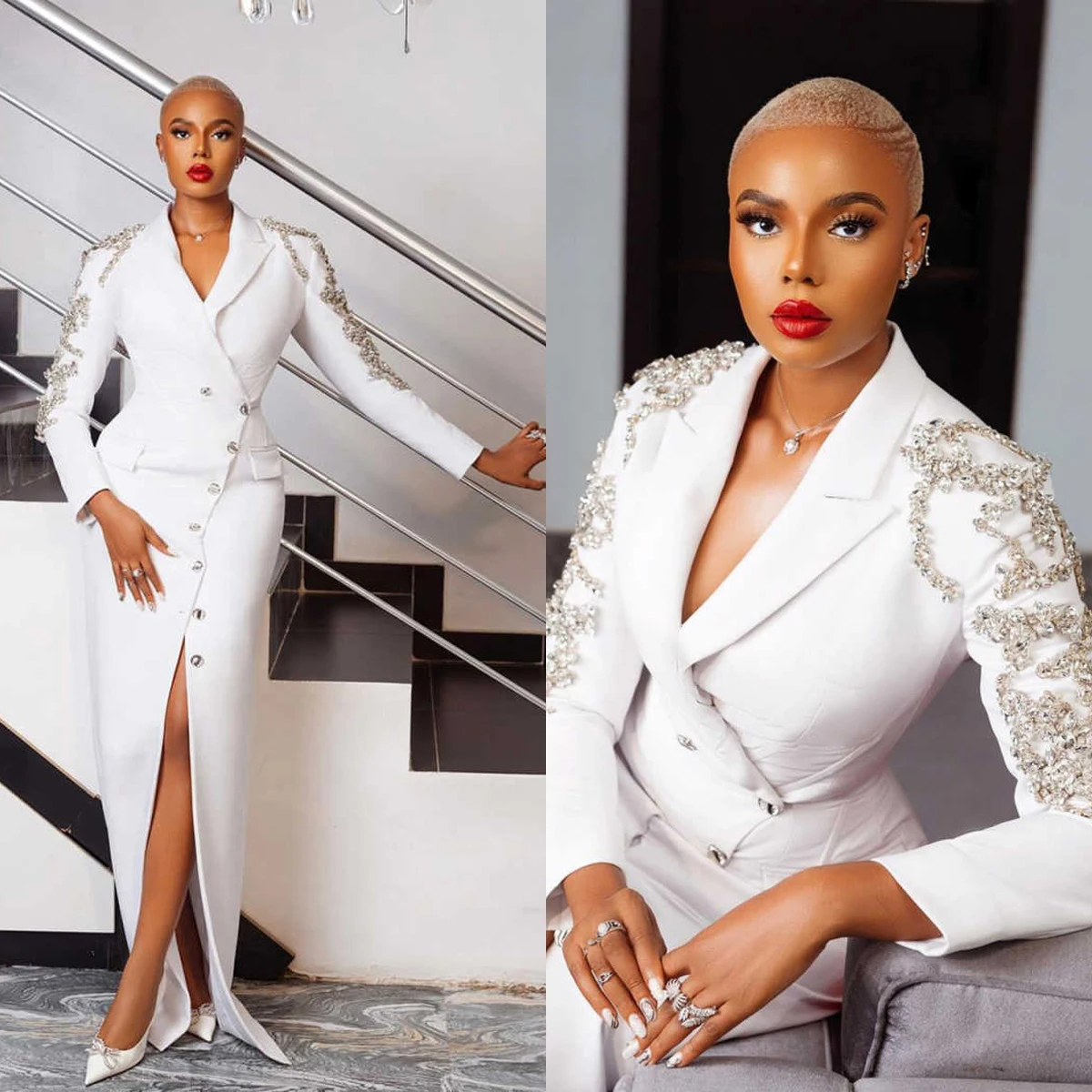 Women Long Blazer Dress Beaded Slim Fit Floor Length High Slit Overcoat Formal Wear Evening Party Outfits