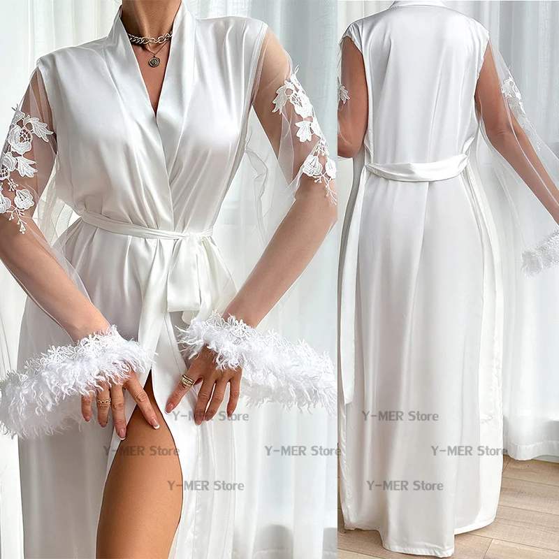Lace Sleeve Robe Women Satin Flower Patchwork Bathrobe Kimono Gown Long Summer Nightgown Sleepdress Loose Bride Loungewear