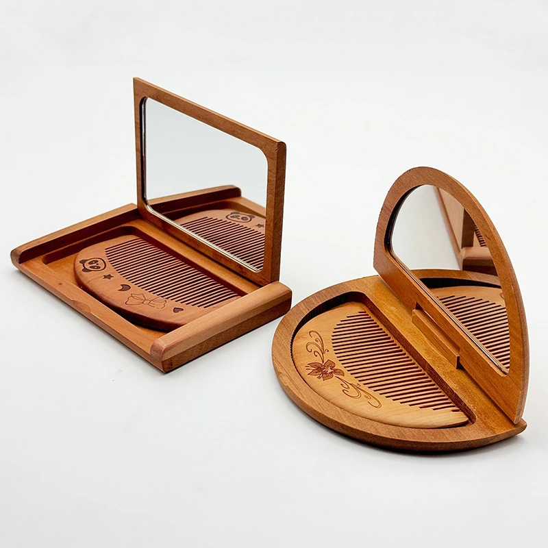 빈티지 조각 복숭아나무 빗과 거울 세트 2-in-1 미니 접이식 우아한 휴대용 그루밍 키트 선물