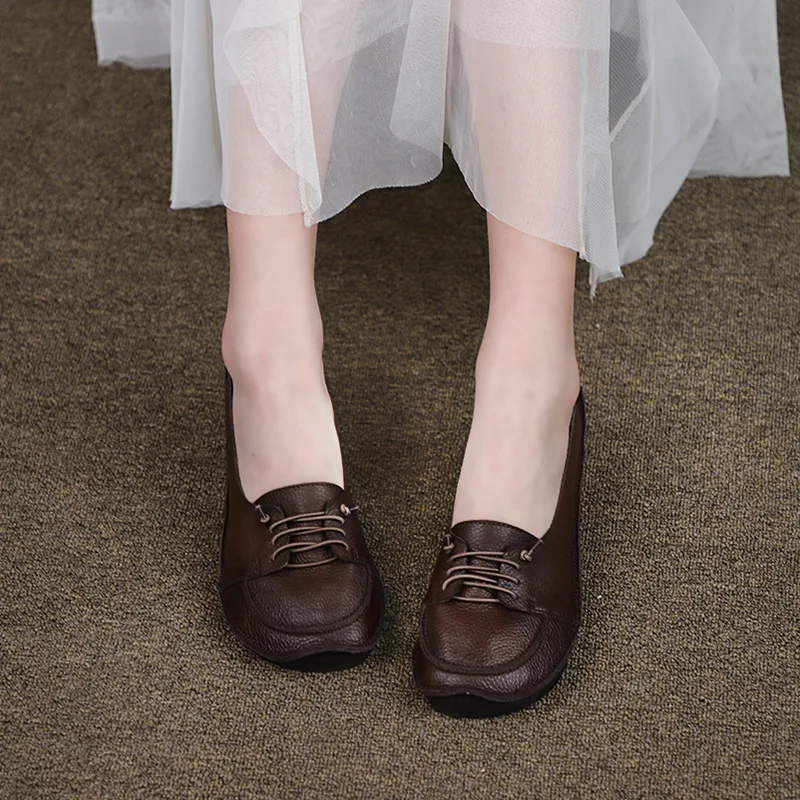 

Лоферы женские из натуральной кожи, мягкие туфли на низком каблуке, плоская подошва, кофейные повседневные Мокасины ручной работы, весна 2023