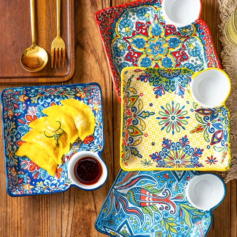 7.5Inch Bohemian Ceramic Plate Sushi Dish Set Sauce Dishes Decorative Dinner Plates Serving Trays for Dumplings Breakfast Fruits
