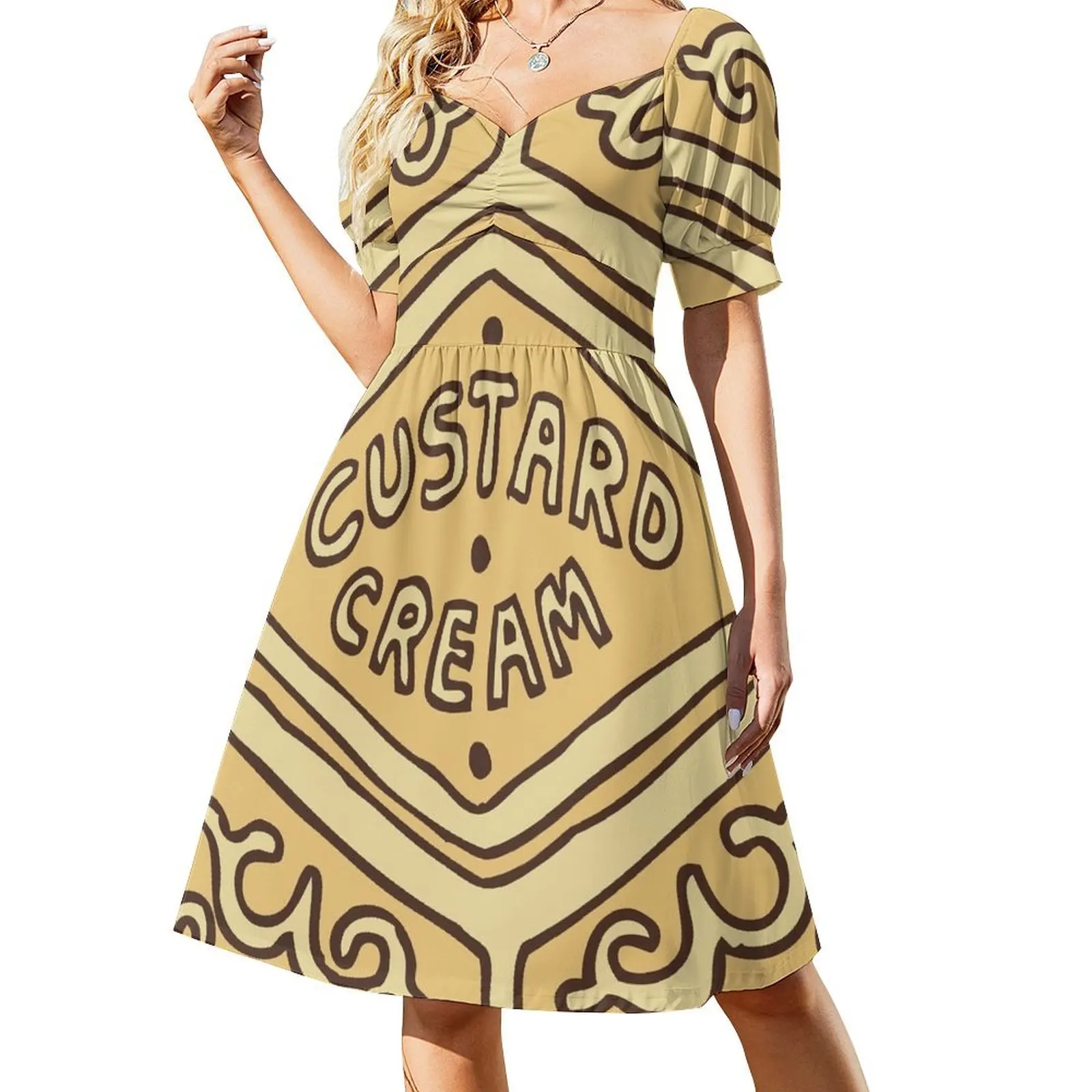 Vestido de manga corta con crema pastelera y galleta británica, ropa de mujer coreana, vestido elegante y sensual para mujer.