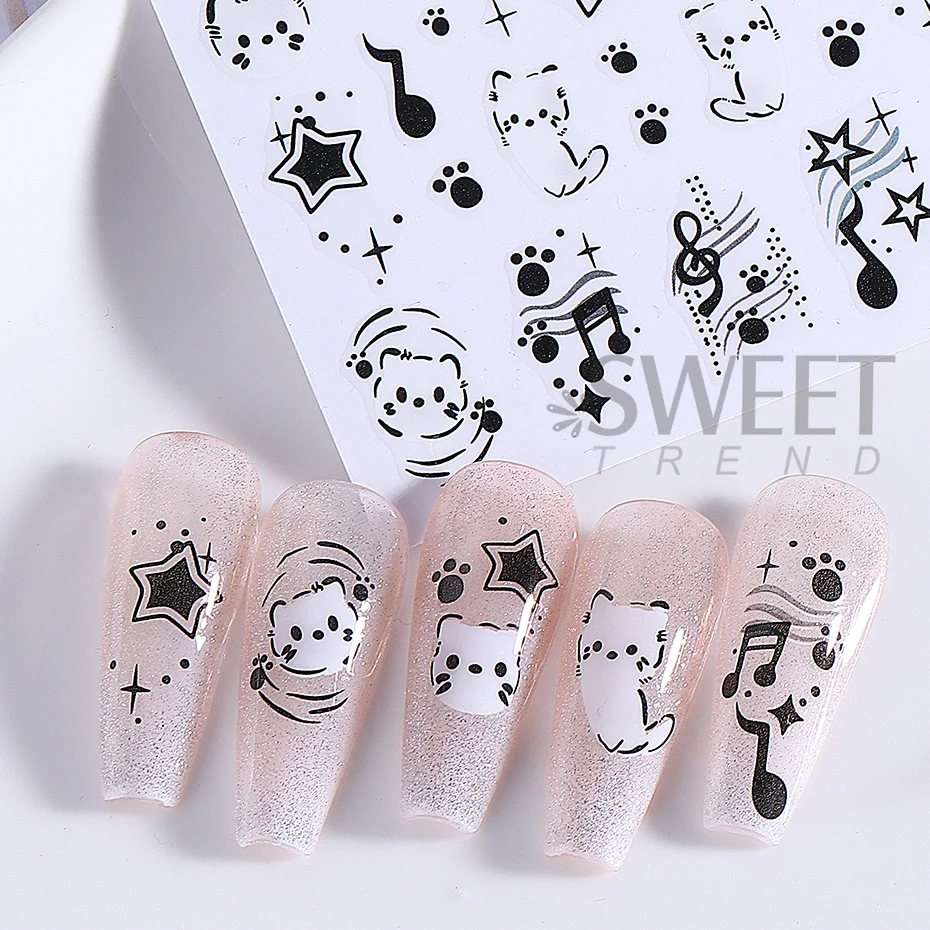 2pcs Cartoon Black Cat Nail Stickers 3D Graffiti Cute Cat Stars Musical Notes Design Nail Decals Sliders Y2K Manicure Decoration
