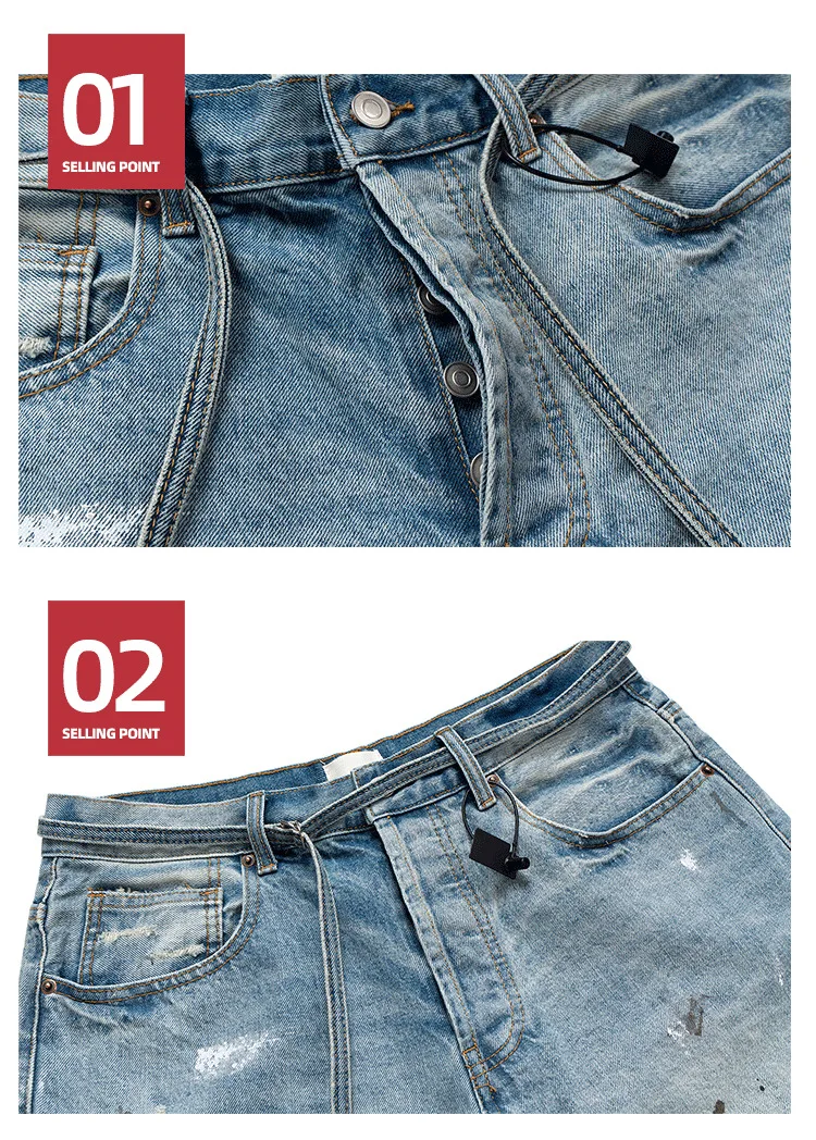 MIJKO Blue Shorts Ink Splashed Hand-painted Denim Shorts Men Washed Baggy Knee Length Jeans Pants