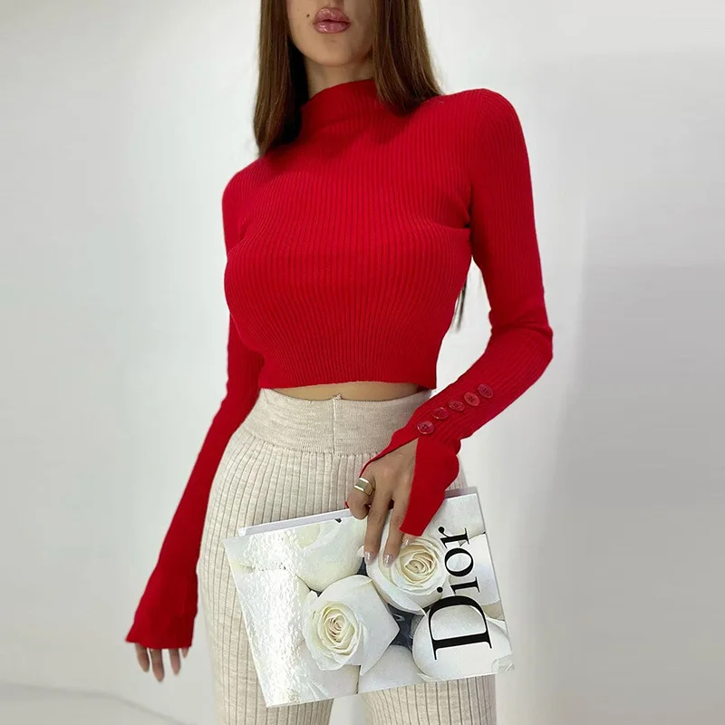 

New Ladies Mock Neck Solid Short Sweater Women Slim Button Long Sleeve Fashion Female Pullover Autumn Winter Crop Jumper Top