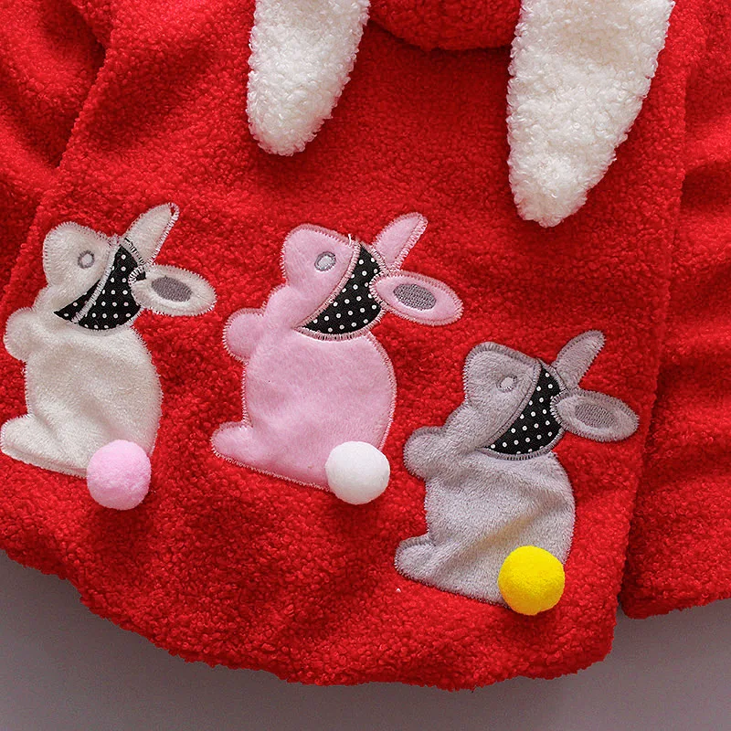 Autumn And Winter Korean Version Girls' Embroidered Coat Children's Plush Cute Hooded Bunny Ear Cotton Jacket