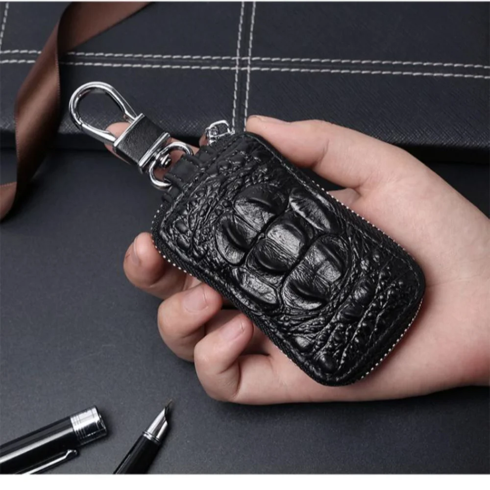 Genuine Leather Multifunctional Key Chain Top Layer Cowhide High-capacity Car Key Bag Crocodile Pattern Vertical Square Shape