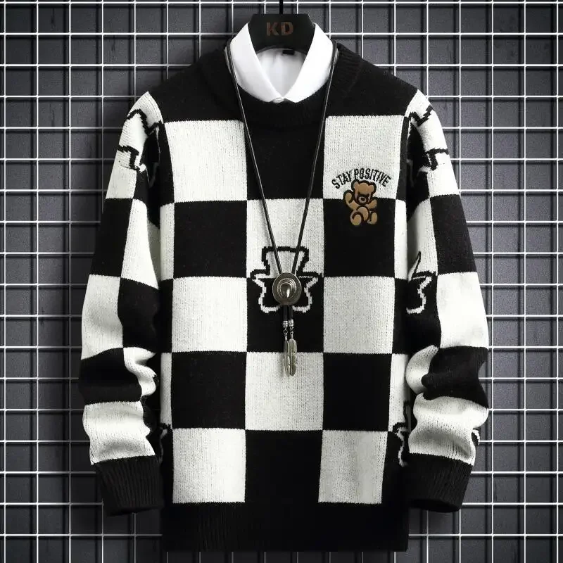 

Winter Hip Hop Printed Loose Mens Knitted Sweaters High End Cashmere Sweater Men Clothing Fashion Plaid Couple Outfit Pullovers
