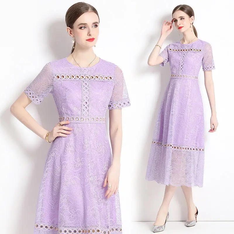 

Summer Light Purple Color Short Sleeve Feminino Women Mid Length Dress High Class Lace Patchwork Hollow Out Metal Button Vestido