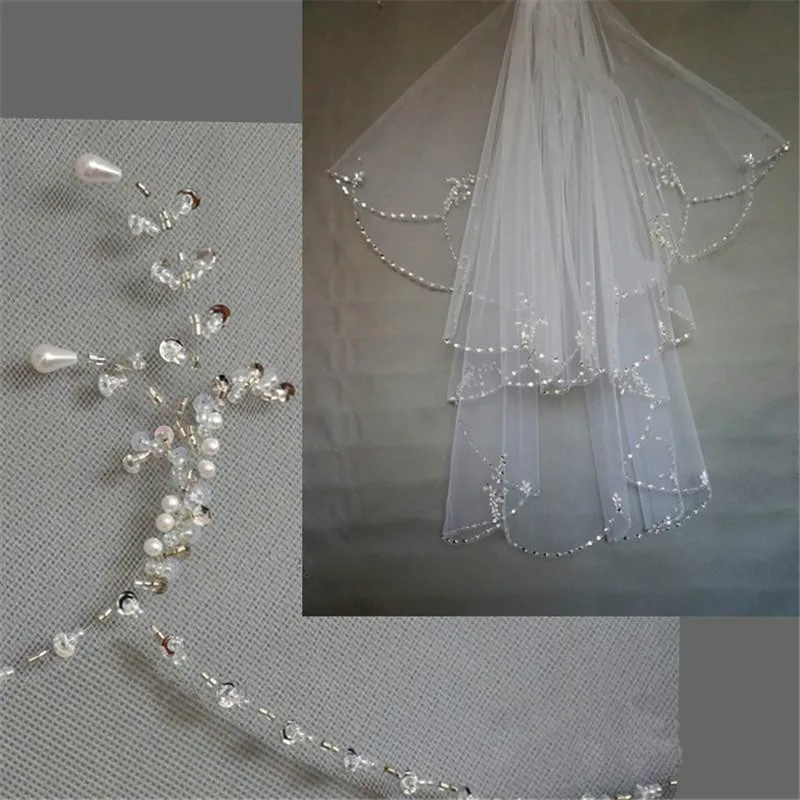 Beaded Unique Wedding Bridal Veil Free Shipping New Arrival 2T two layer white ivory Crystal Pearl Exquisit