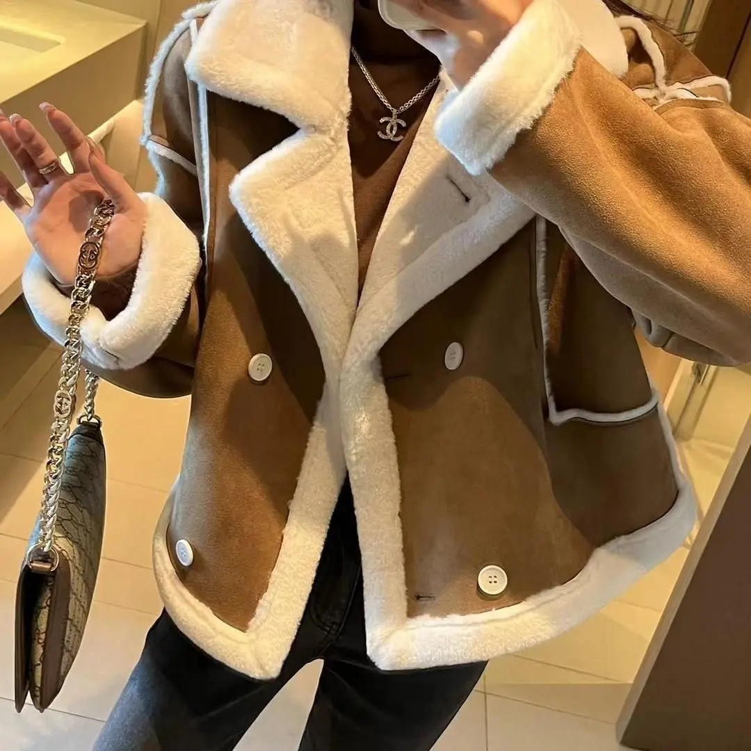 

2023 New Keep Warm Lamb Wool Coats Women's Winter Thickened Medium Length Fake PU Fur Integrated Bikewear T174