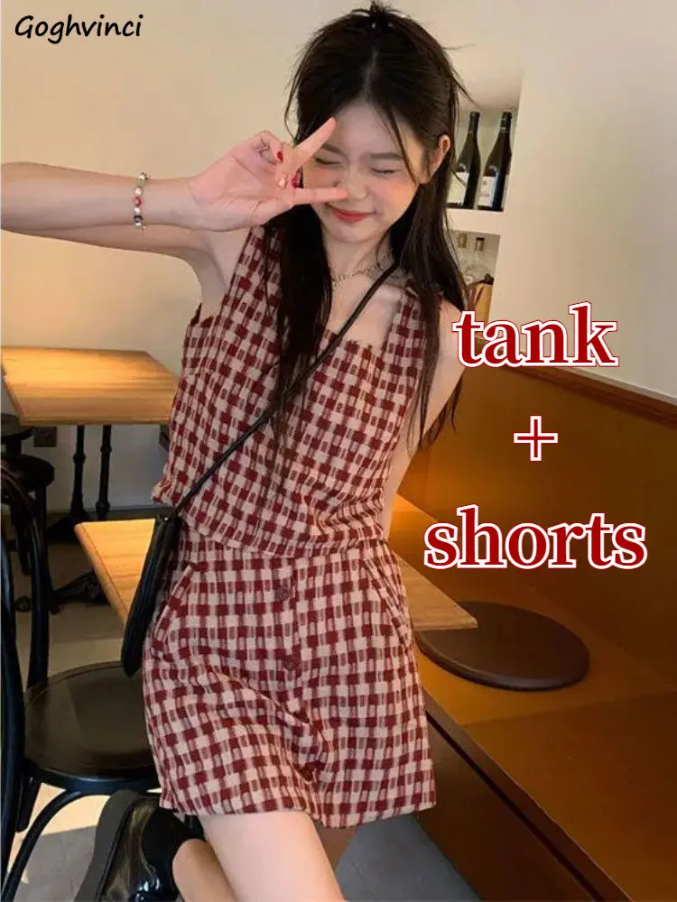 

Женский винтажный комплект из 2 предметов, красная клетчатая майка без рукавов, шорты с высокой талией и юбка, Повседневная Уличная одежда для девушек и колледжа, на лето