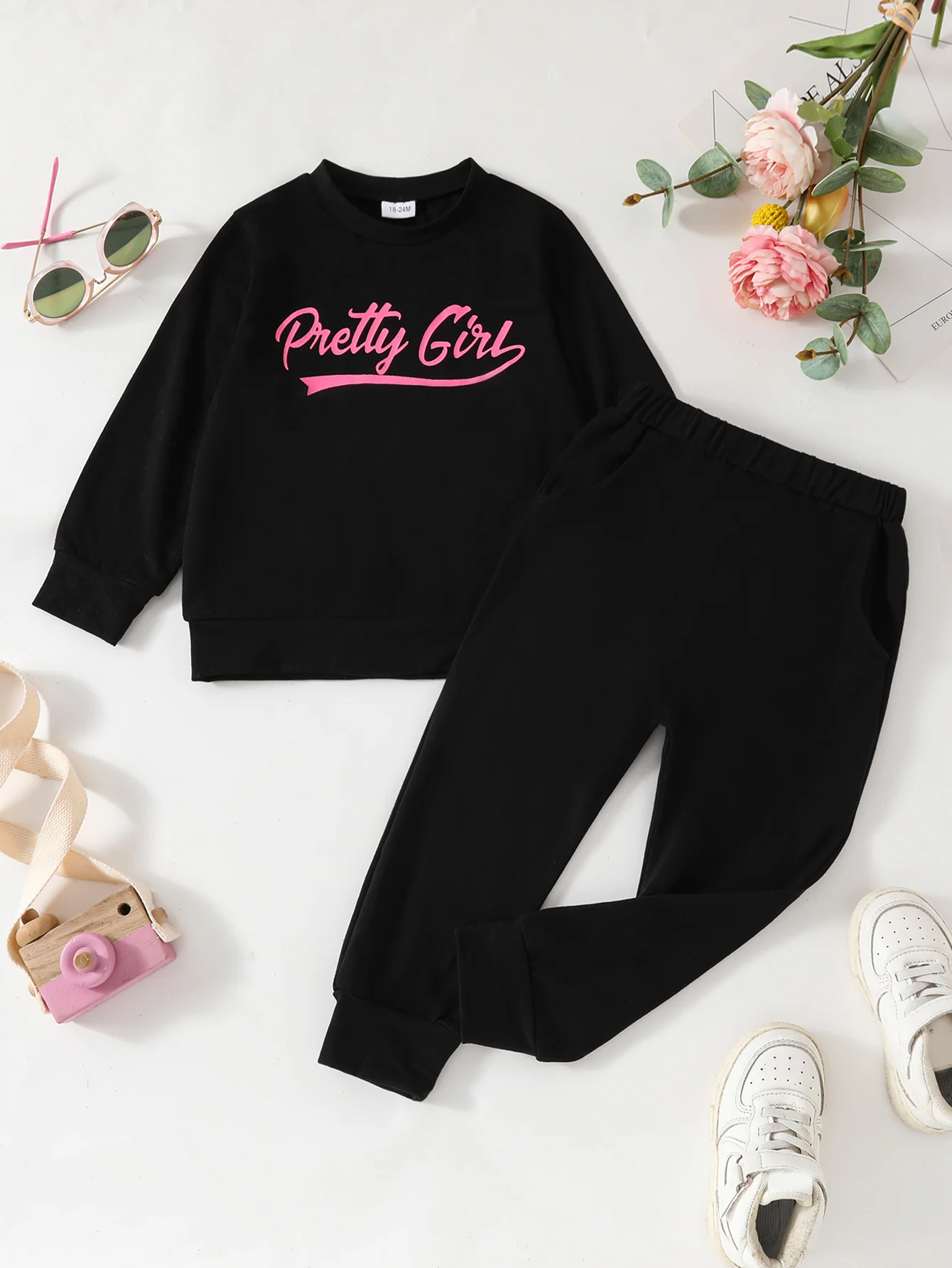 새로운 가을 겨울  여자아이 레터 프린트 긴팔 셔츠 바지 2종 캐주얼 키즈 의상..