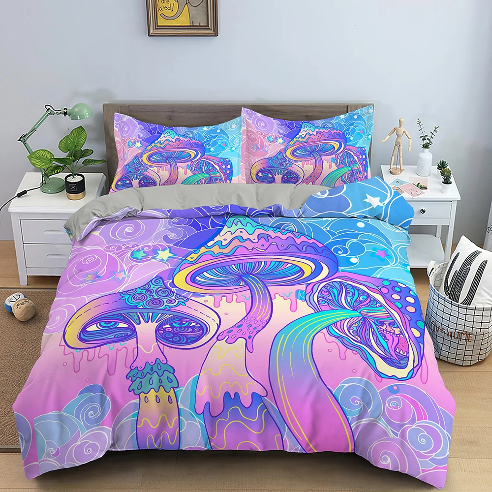 Blue Purple Bedding Mushroom Duvet Cover Set Fantasy Galaxy