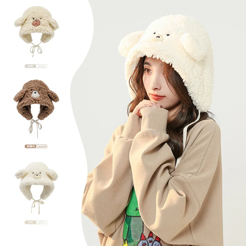 

Korean Fashion Winter Women Beanies Caps Warm Cute Bear Ear Hat Casual Plush Hat Scarf Set Casual Solid Female Caps Present