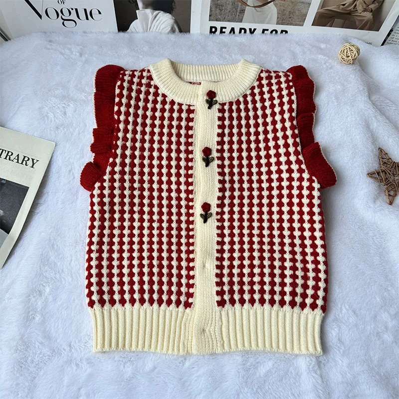 여아 용수철 가을 패션 니트 가디건 조끼 스웨터, 라운드넥  꽃 장식, 따뜻한 통기성, 부드럽고 귀여운 꽃 장식, 2024