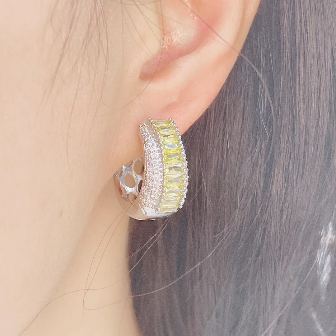 JUWANG Advanced European Style personality Green Rectangular Zircon Round Earrings Luxury Geometric Temperament Accessories