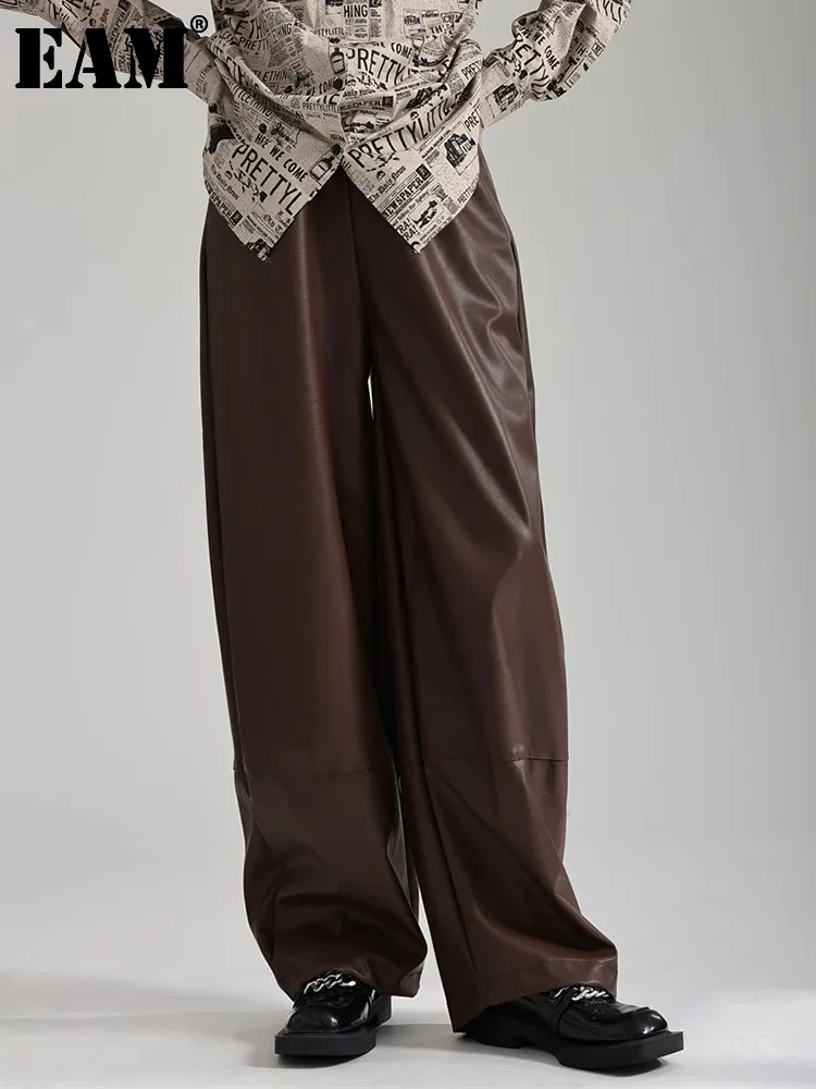 

[EAM] High Elastic Waist Black PU Leather Wide Leg Pants New Loose Fit Trousers Women Fashion Tide Spring Autumn 2024 1DH1617