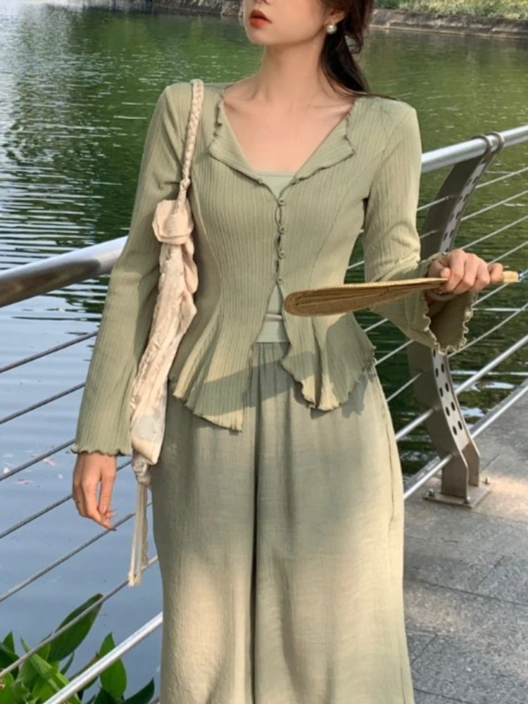 

Green Korean Fashion Elegant 3 Piece Set Women Solid Chic Designer Loose Pants Set Female Casual Vintage Vocoation Set 2023 New
