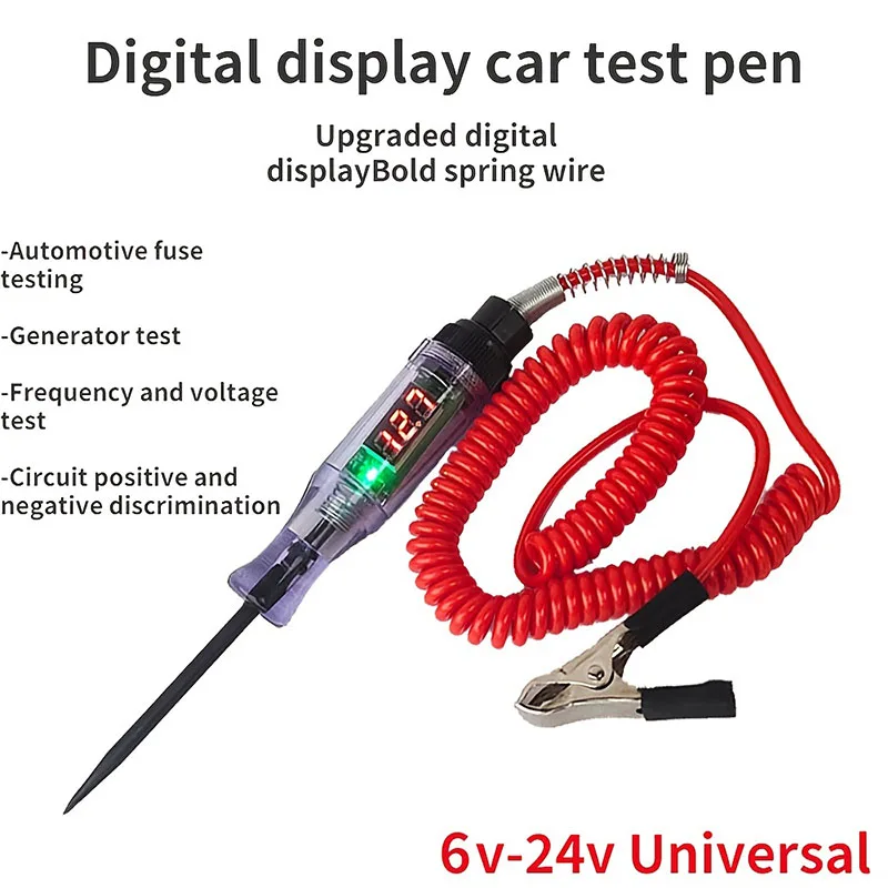 6V-24V Car Truck Voltage Circuit Tester Digital Display Long Probe Pen Light Bulb Automobile Diagnostic Tools Auto Repair Tool