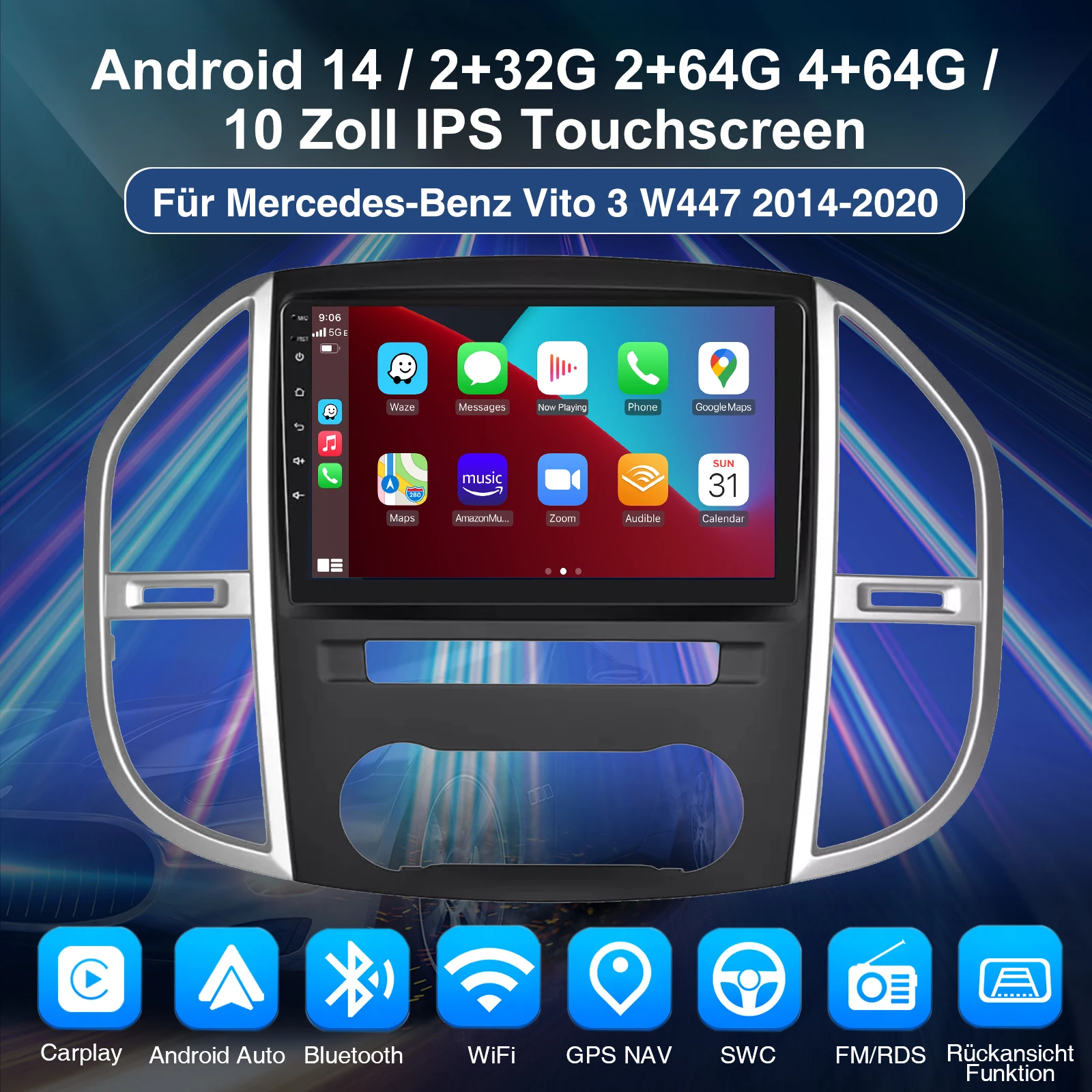 ESSGOO 10.1" Wireless Carplay Android 14 Autoradio 2 DIN für Mercedes-Benz Vito 3 W447 2014-2020 GPS SAT Navi WIFI RDS FM BT Auto-Stereo Multimedia-Player – Detail 1